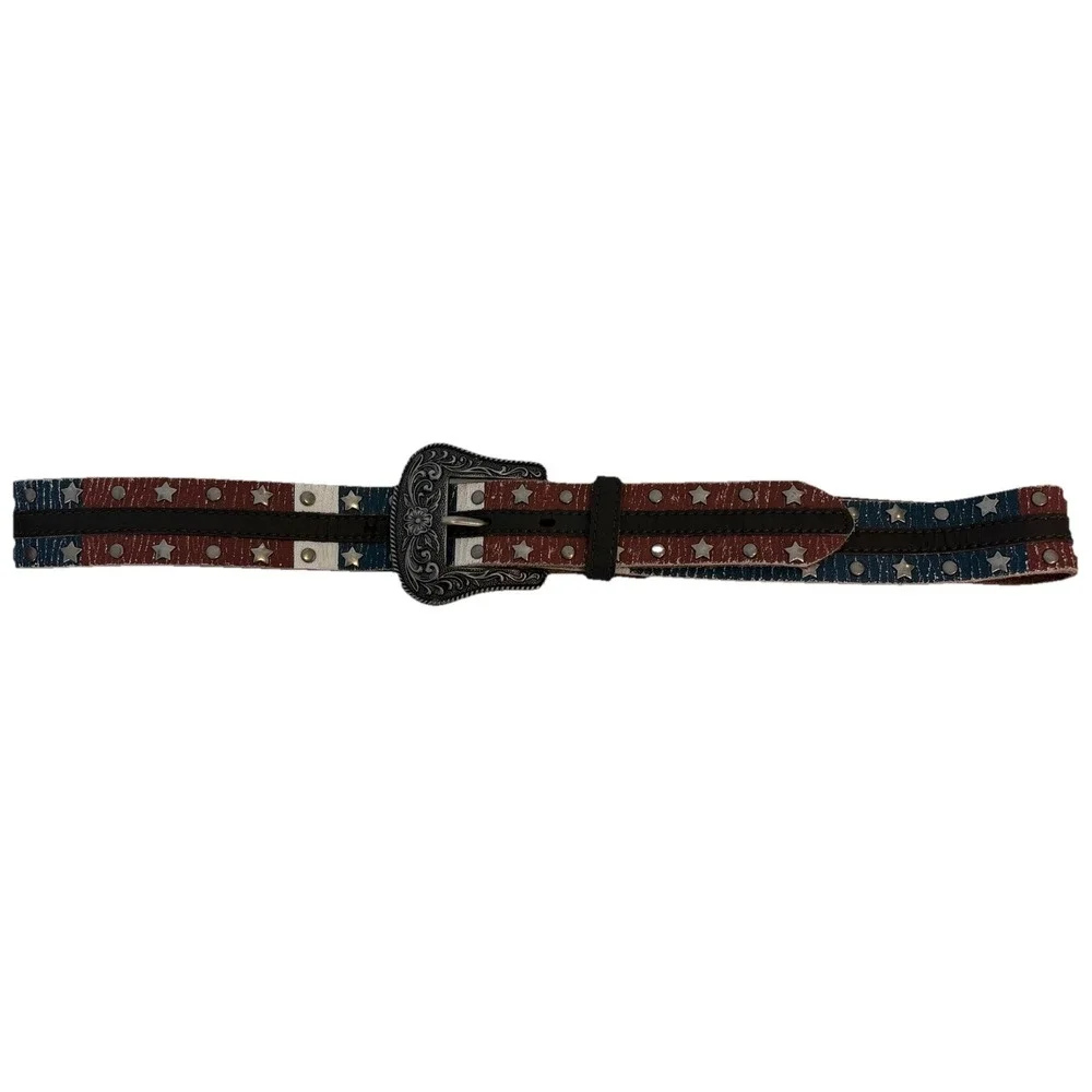Dan Post Leather USA Western Belt Women L Floral Engraved‎ Buckle Studded 40